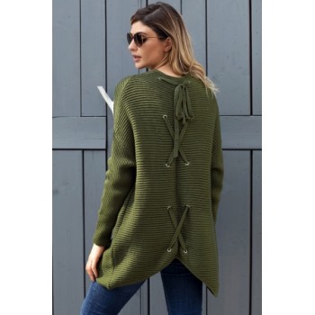 Black Ribbed Knit Lace Up Back Sweater Cardigan Army Green